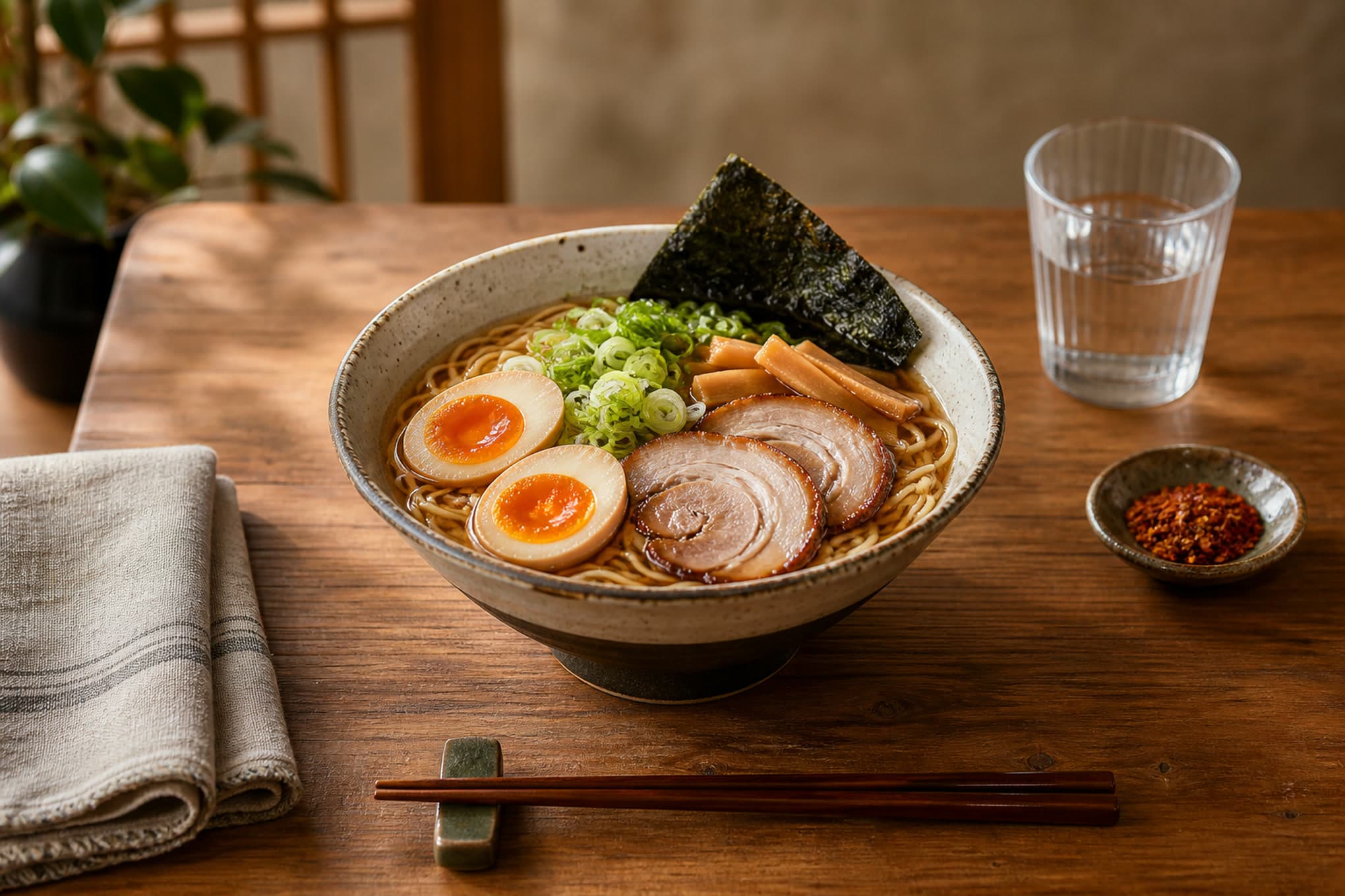 A bowl of shoyu ramen on a wooden table in a Japanese restaurant